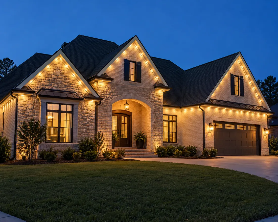 Visualized home with warm-white architectural roofline lighting