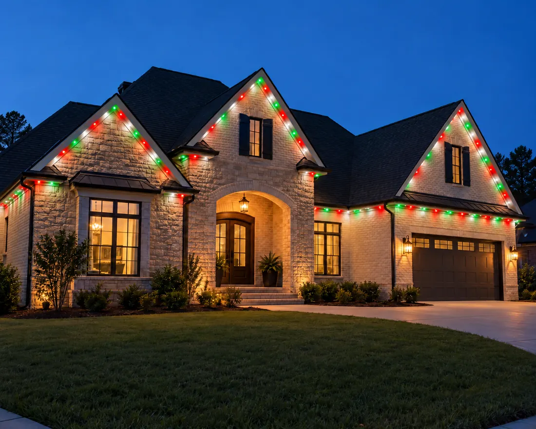 Same home visualized with red, green and white holiday roofline lighting